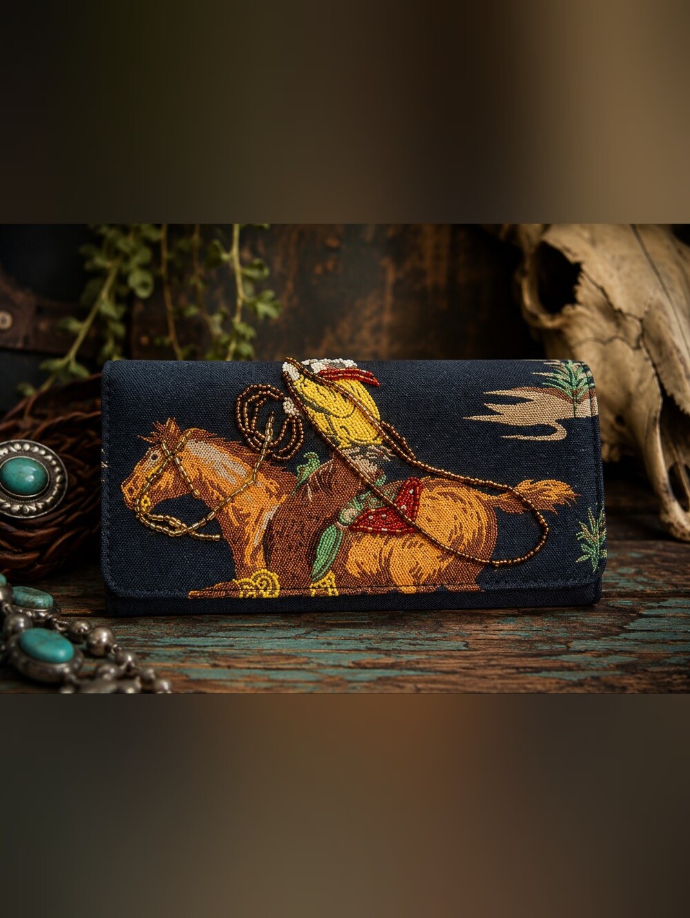 Embroidered Beaded Western Horse Wallet- Black with Brown & Gold Accents